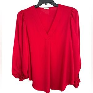 JODIFL Oversized Red V-Neck Blouse - Balloon Sleeves - Size Small